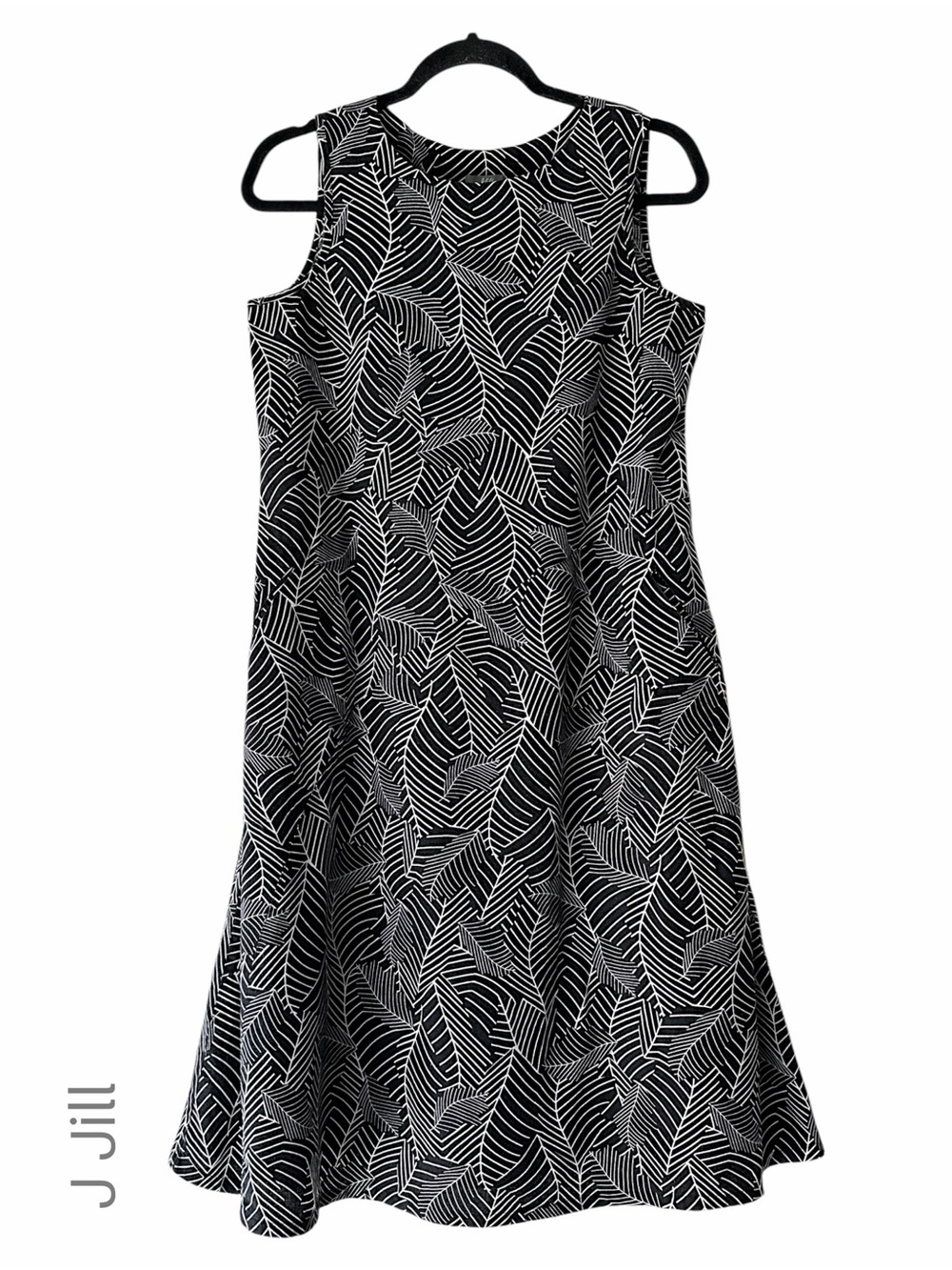 J JILL LINEN & COTTON LEAF PRINT DRESS BLACK & WHITE SLEEVELESS A-LINE | XS